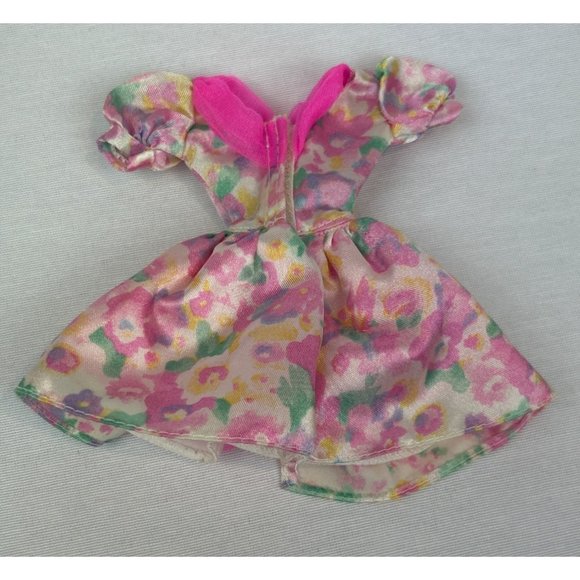 Vintage Barbie Pink Floral Dress Layered Puff Sleeves Bow Tulle - Picture 4 of 6